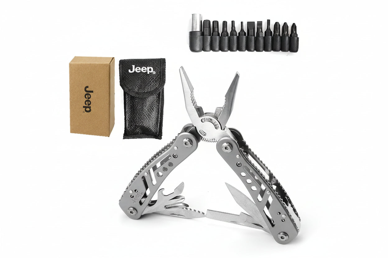 Multitool with Jeep branding, packaging, and measurement details on a white background