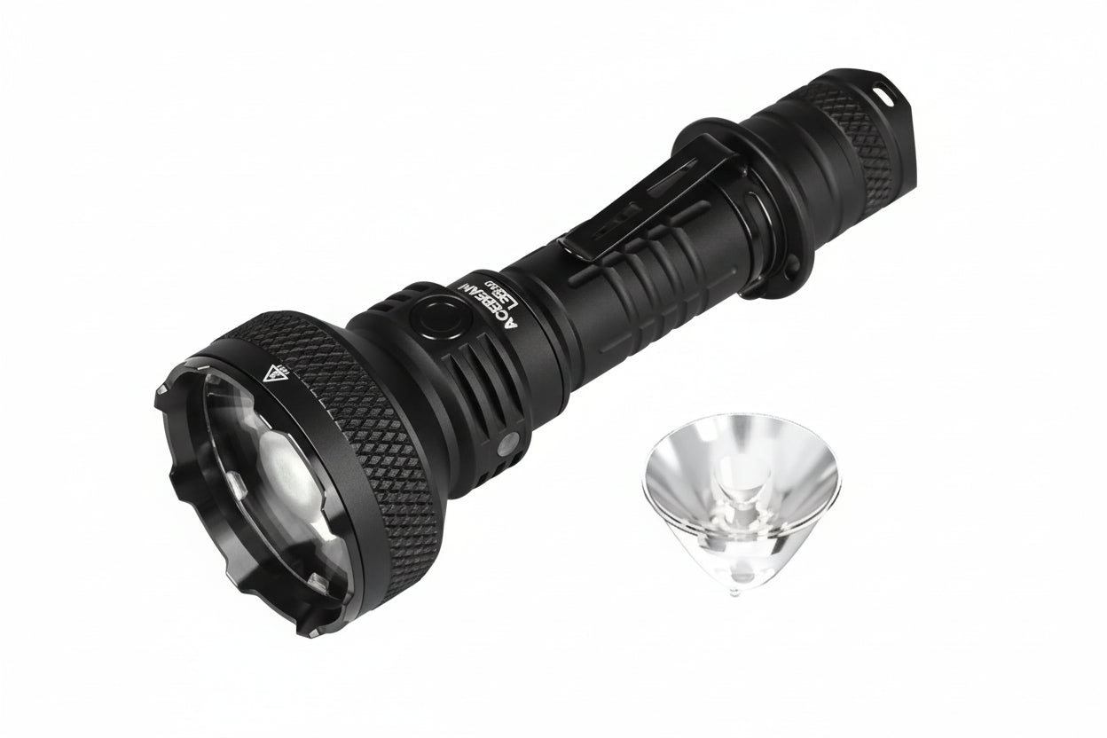 Acebeam flashlight with 5000 lumens output and TIR optic lens on a white background