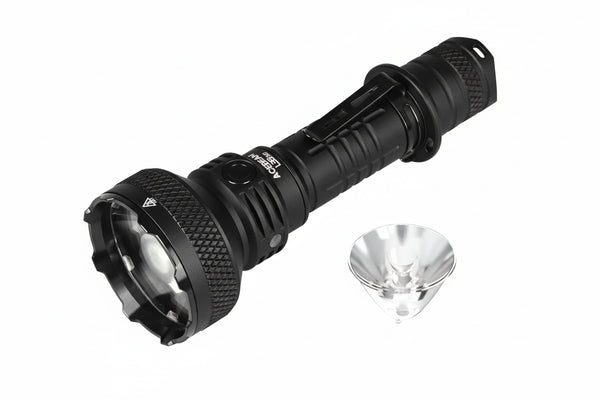 Acebeam flashlight with 5000 lumens output and TIR optic lens on a white background