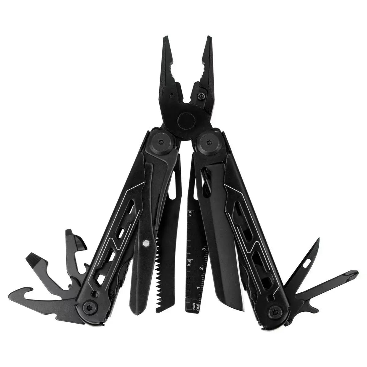 Black multi-tool with various components on a white background