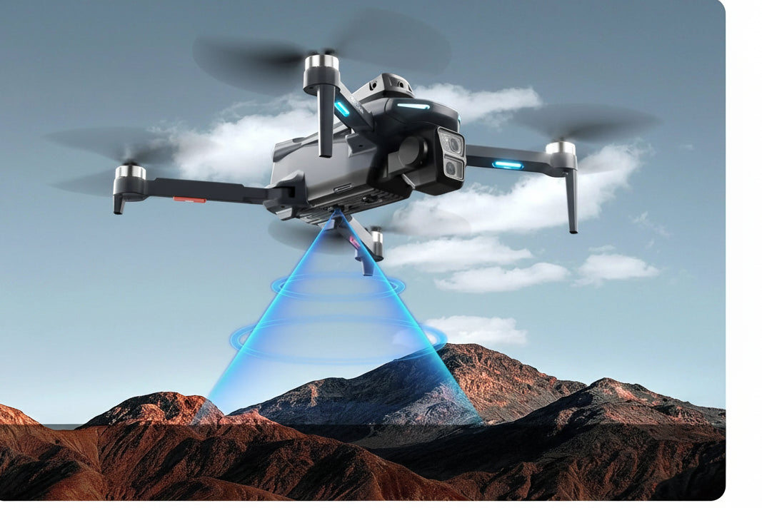 Drone hovering over mountains with text about optical flow and GPS positioning.