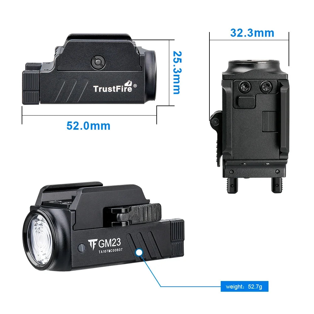 rustFire GM23 Tactical Weapon Light - 800 Lumen USB Rechargeable LED Flashlight for Glock &amp; Picatinny Rails