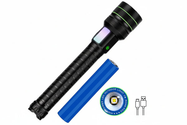 Black flashlight with blue battery and charging cable on a white background