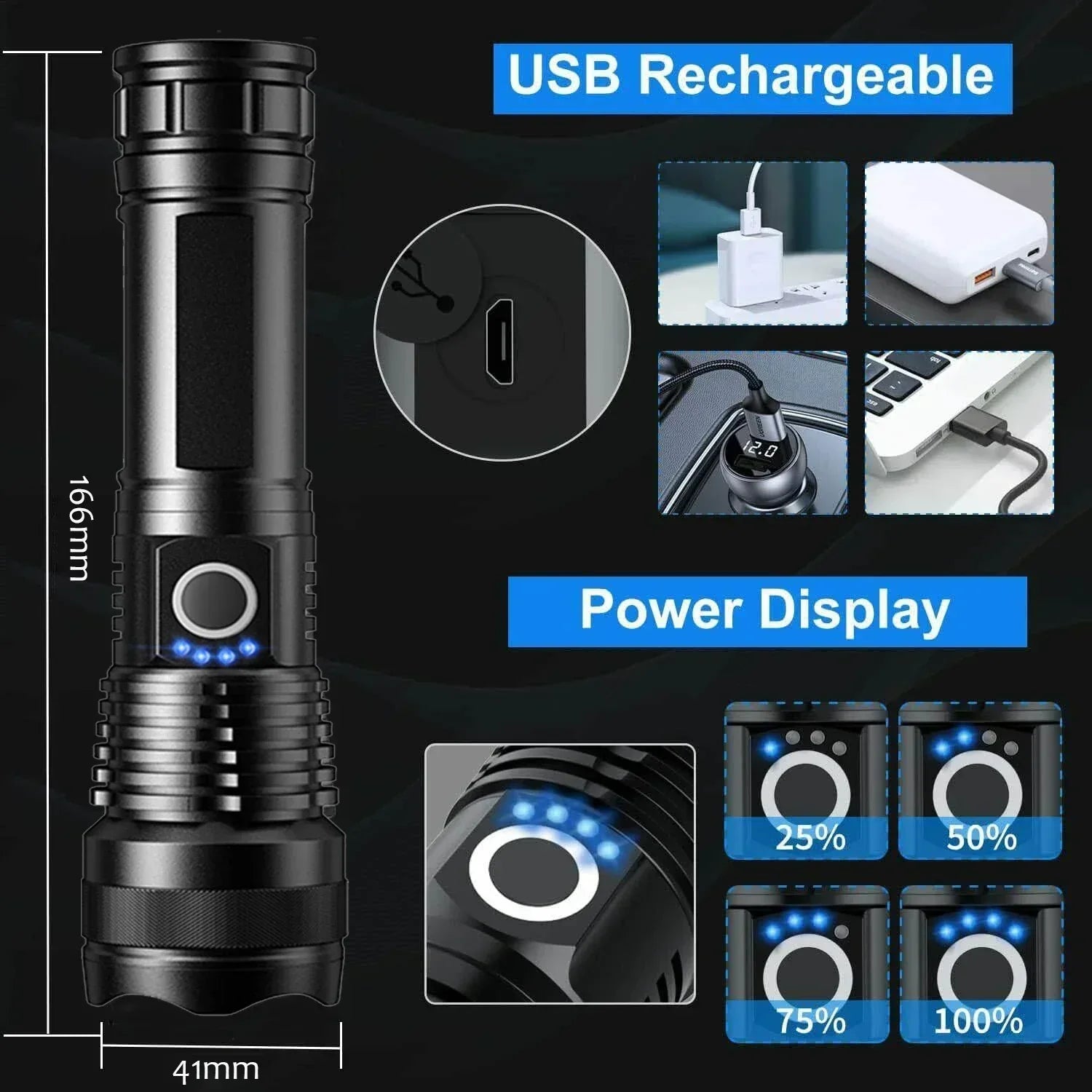 Aluminum Alloy Rechargeable Flashlight – Long-Range, Waterproof, Adjustable Zoom