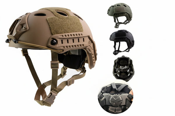 Tactical helmet with thickened ABS body and knob suspension system, shown in brown and black.