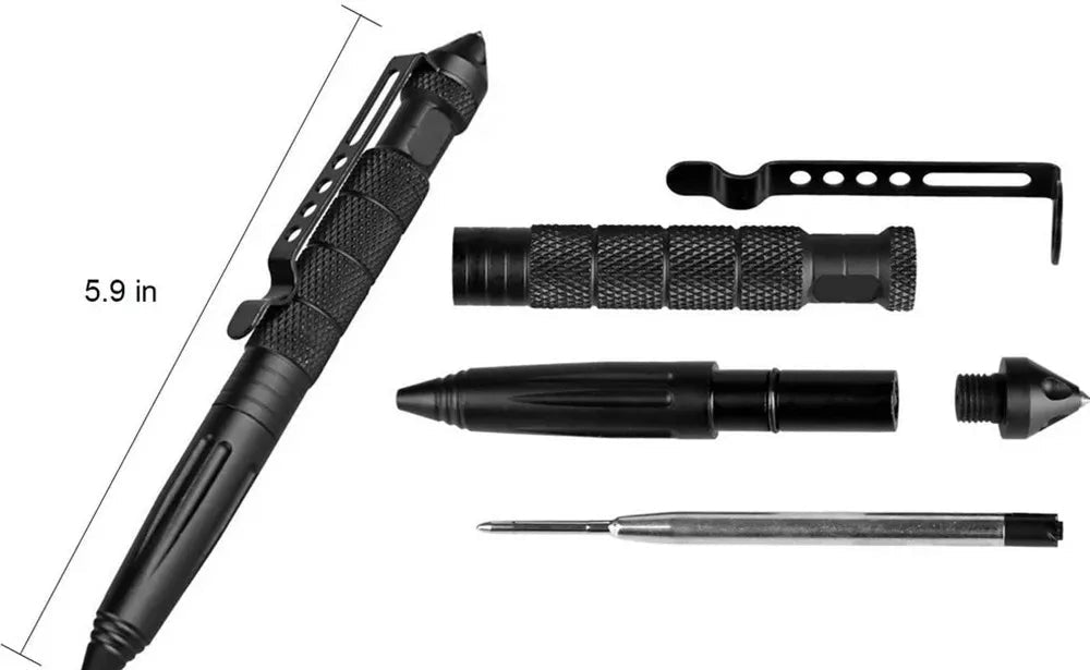 Black tactical pen with multiple components and usage scenarios on a white background