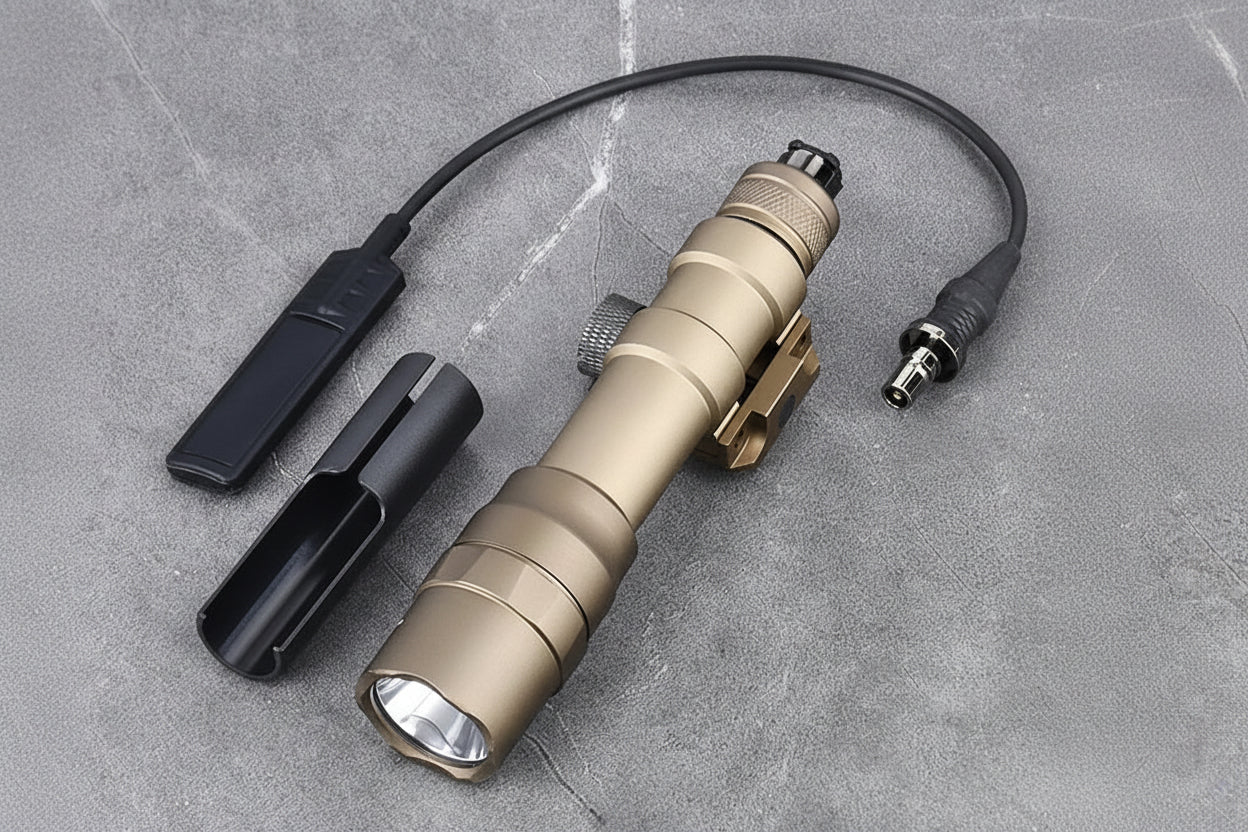Gold flashlight with accessories on a gray surface, featuring 'SF' logo and product details.