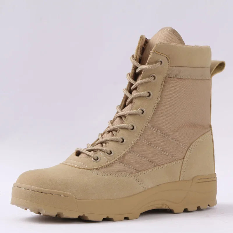Tactical Men's Combat Boots – Ankle-Height Leather Work & Hiking Shoes with Side Zipper