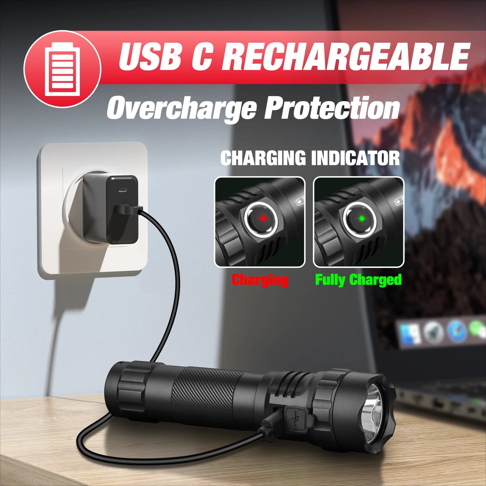 UltraFire UF3 Tactical Flashlight - 1200 Lumens, IP67 Waterproof, USB-C Rechargeable