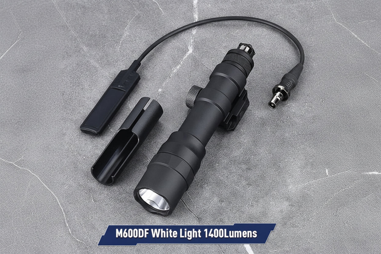 Black flashlight with attachments on a gray surface, featuring 'SF' logo and product details.