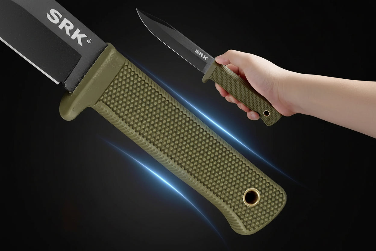 Hand holding a knife with ergonomic handle and non-slip shank on a dark background