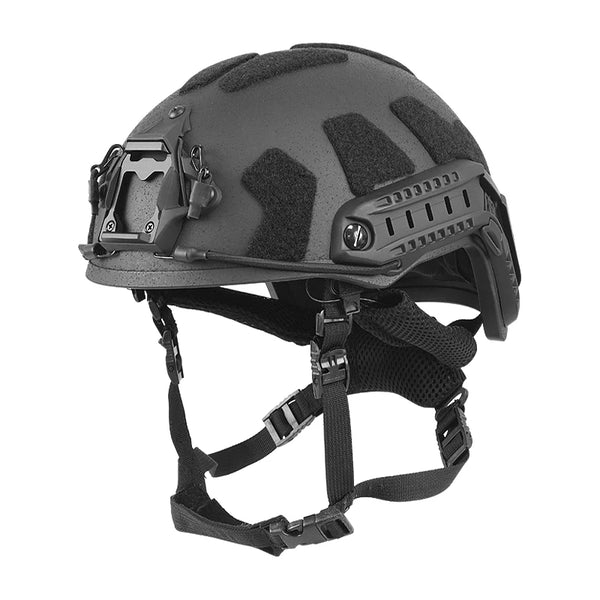 Black tactical helmet with various attachments on a white background