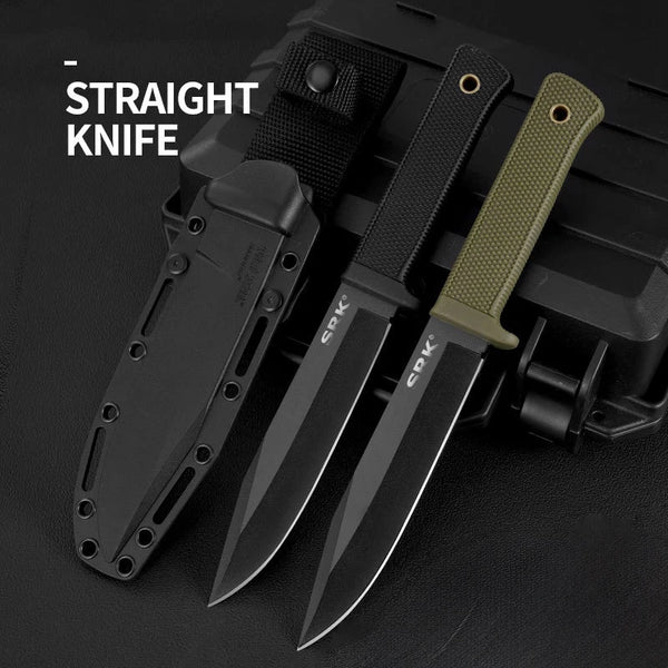 Two straight knives with black and green handles on a black background, labeled 'Straight Knife'.