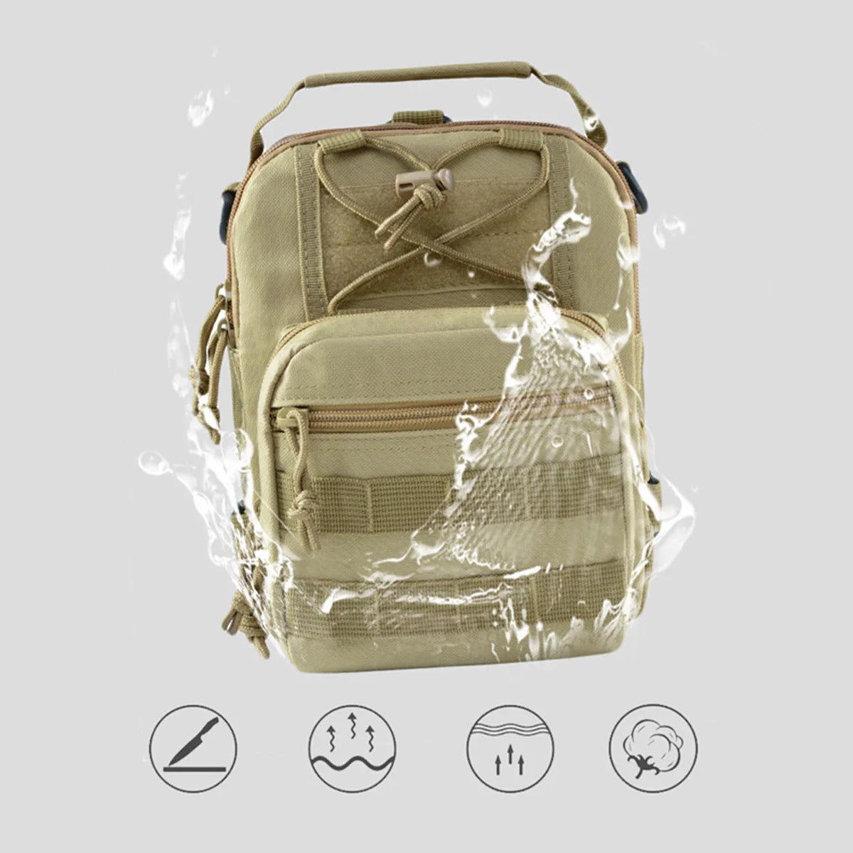 Tan backpack with water-resistant properties on a light gray background
