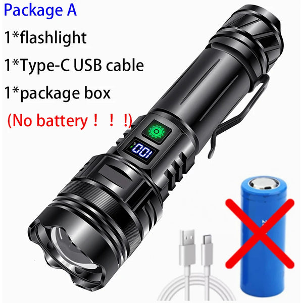 Tactical LED Flashlight USB-C Rechargeable | 500M Range Zoom Torch with Power Bank