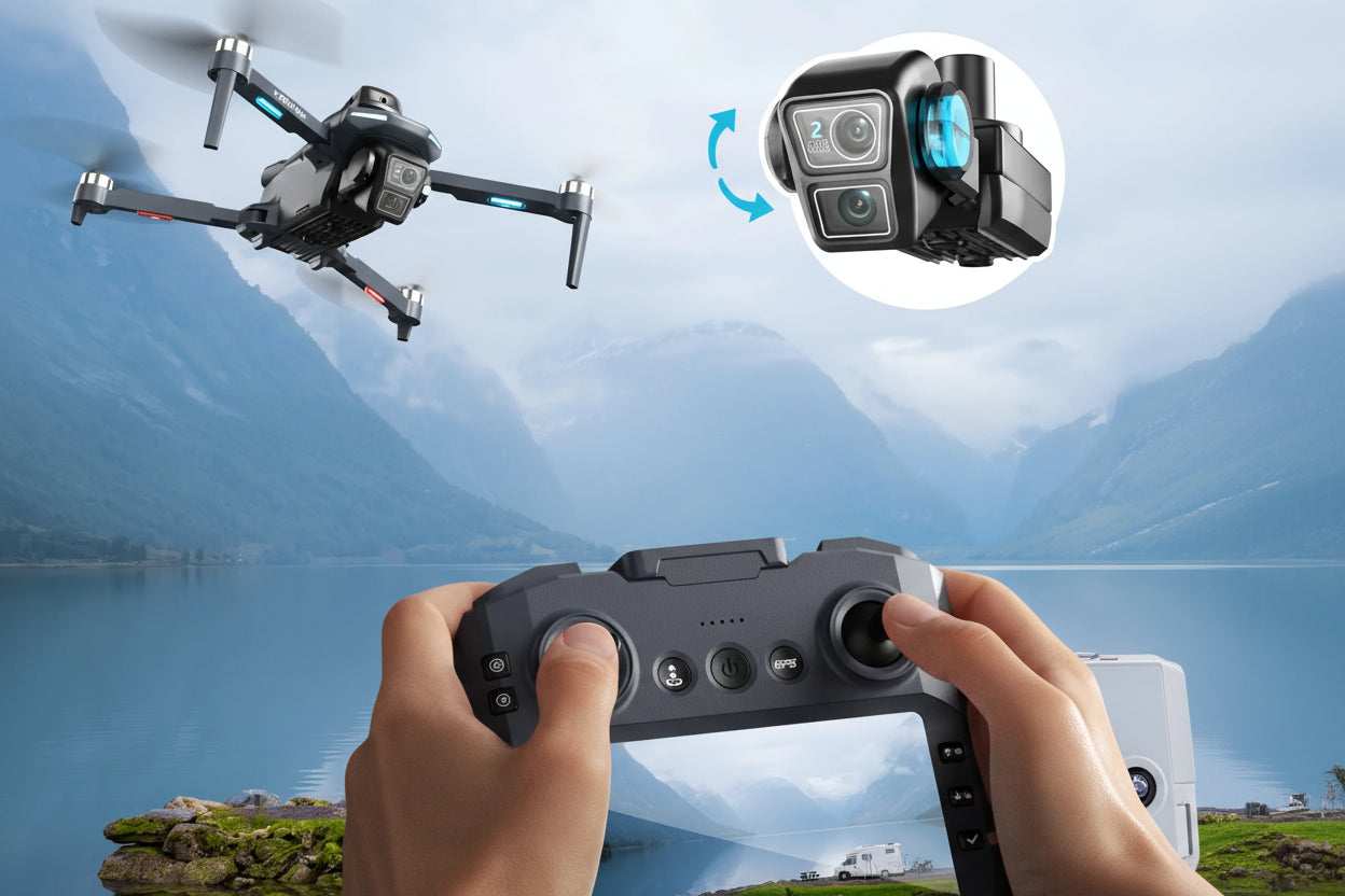 Drone flying over a landscape with a controller and smartphone displaying the view.