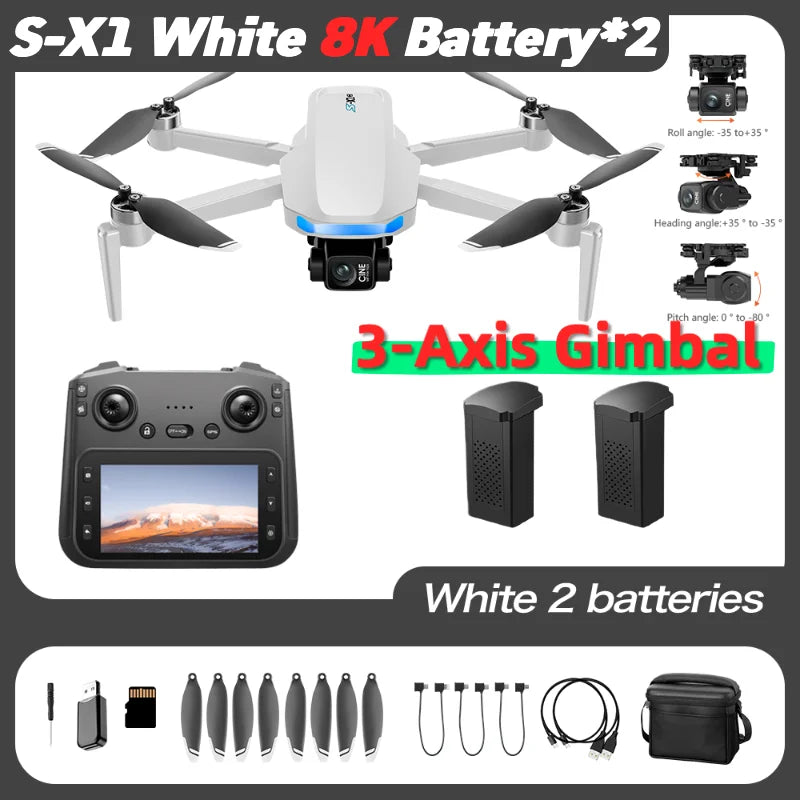S-X1 MAX GPS Drone with 3-Axis Gimbal – 8K/4K HD Camera 5000m FPV LCD Screen RC Quadcopter