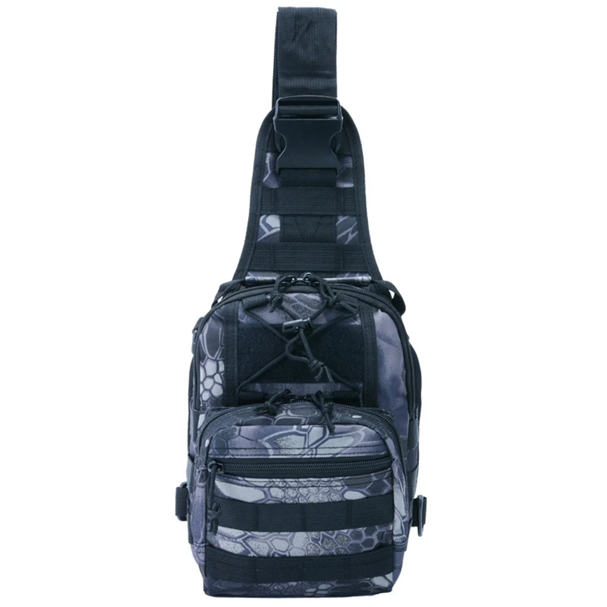 Black and gray camouflage sling bag on a white background
