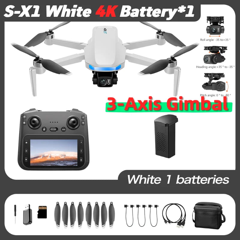 S-X1 MAX GPS Drone with 3-Axis Gimbal – 8K/4K HD Camera 5000m FPV LCD Screen RC Quadcopter
