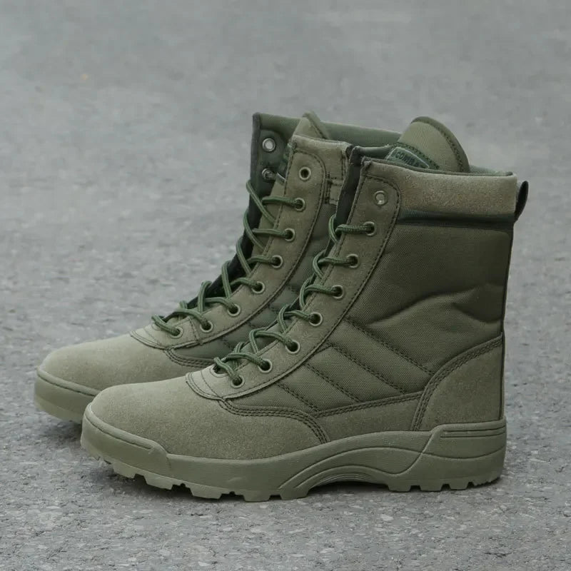 Tactical Men's Combat Boots – Ankle-Height Leather Work & Hiking Shoes with Side Zipper