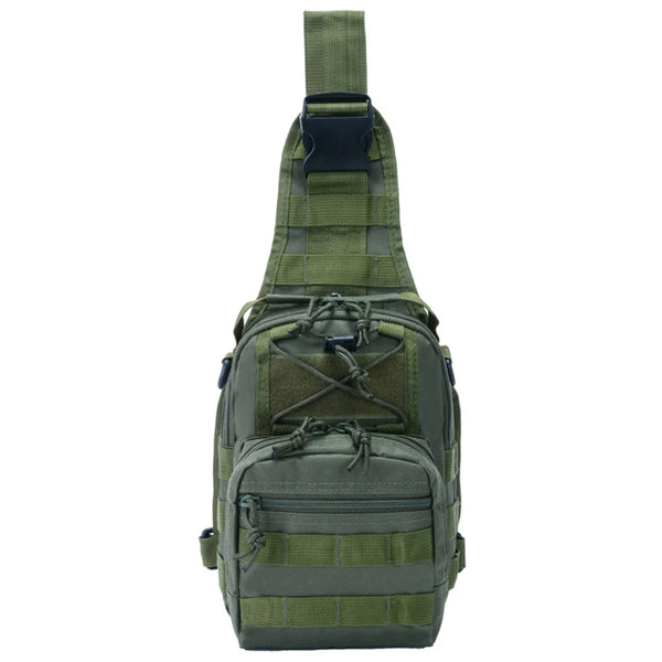 Green tactical sling bag on a white background