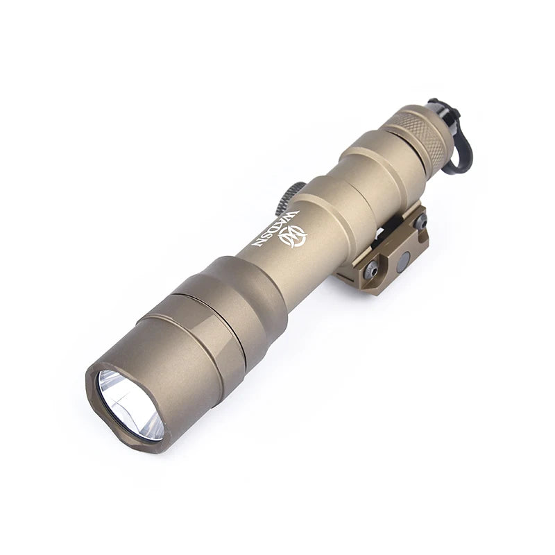 Tactical flashlight with a brand logo on a white background