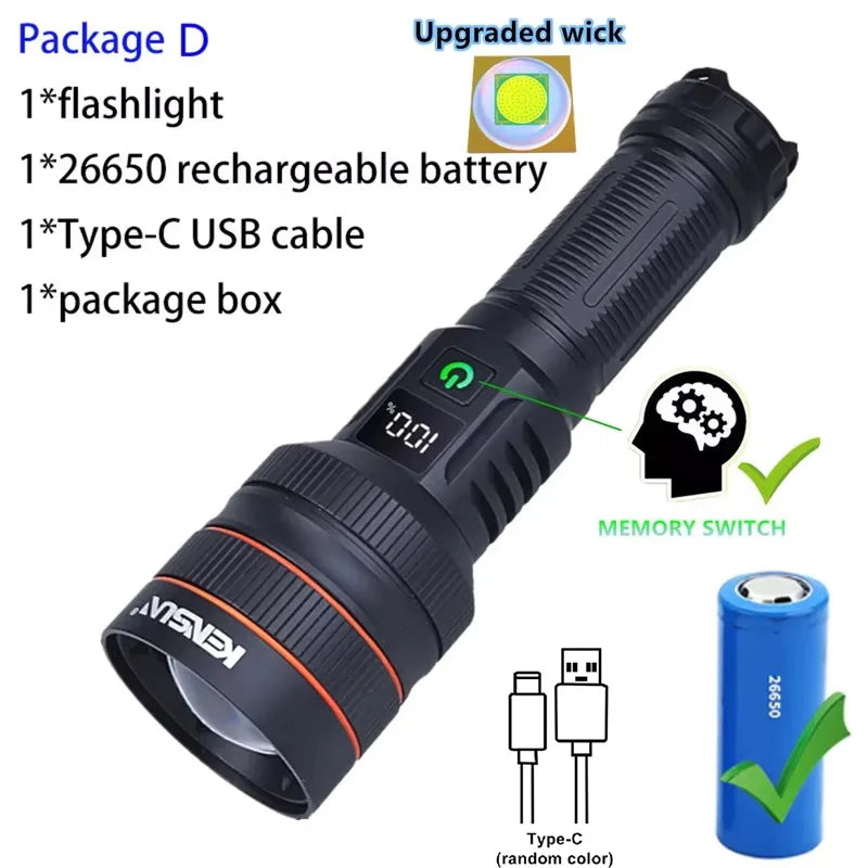 Black flashlight with digital display, 26650 rechargeable battery, Type-C USB cable, and package box on a white background.