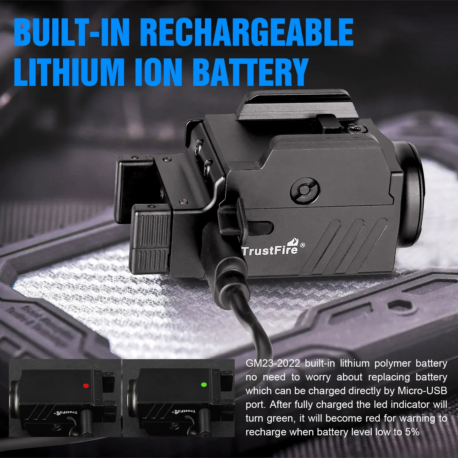 rustFire GM23 Tactical Weapon Light - 800 Lumen USB Rechargeable LED Flashlight for Glock &amp; Picatinny Rails