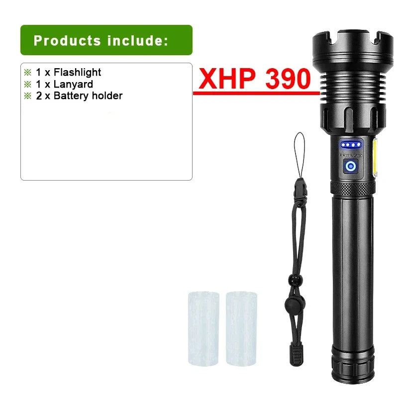 XHP390 Tactical LED Flashlight - 1500M Range, Rechargeable with COB Side Light & Power Bank