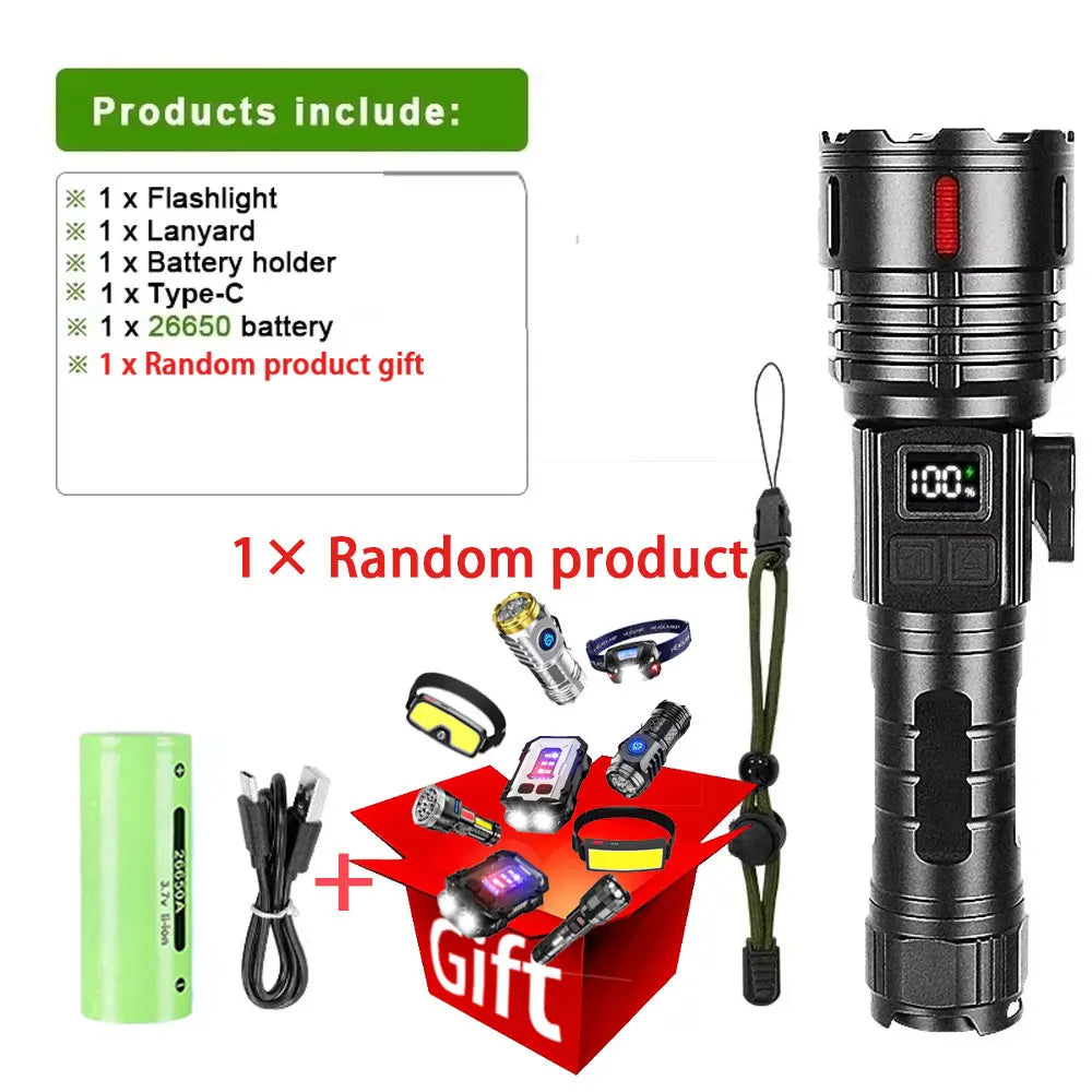 XHP390 Tactical LED Flashlight - 1500M Range, Rechargeable with COB Side Light & Power Bank