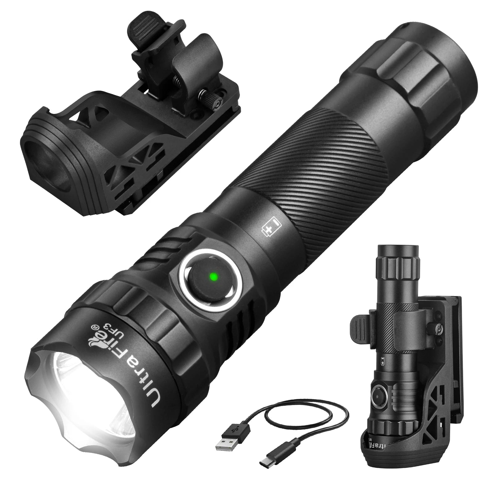 UltraFire UF3 Tactical Flashlight - 1200 Lumens, IP67 Waterproof, USB-C Rechargeable