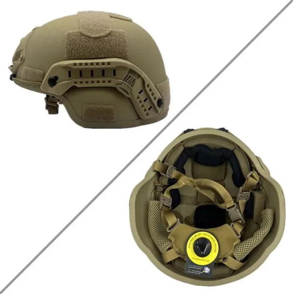 Tan tactical helmet with interior view on a white background
