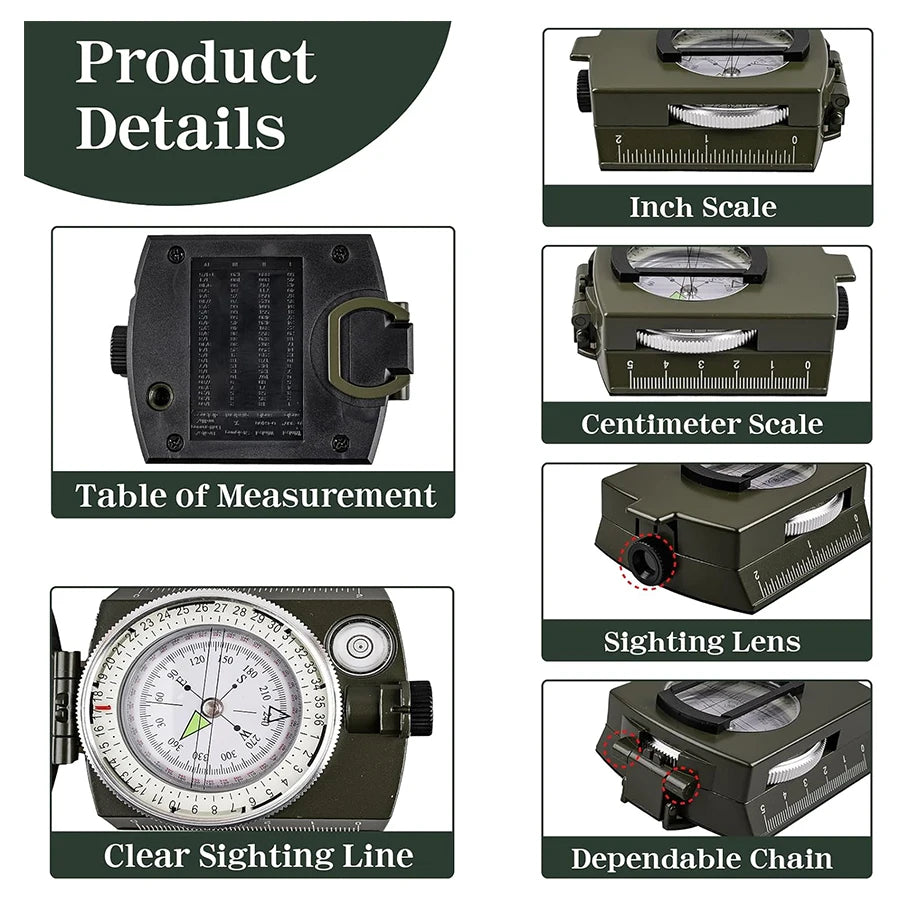 Military Tactical Waterproof Sighting Compass with Fluorescent Dial & Carabiner