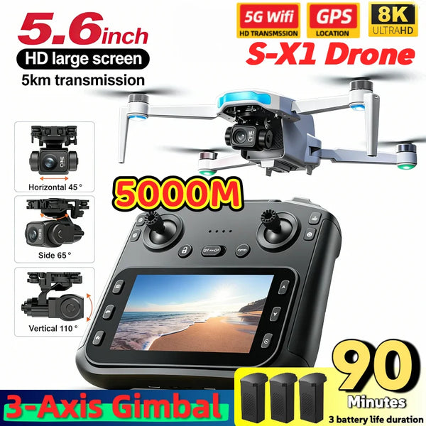 S-X1 MAX GPS Drone with 3-Axis Gimbal – 8K/4K HD Camera 5000m FPV LCD Screen RC Quadcopter