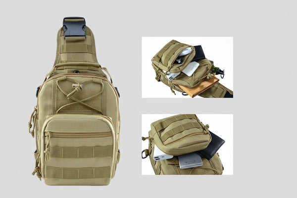 Camouflage sling bag with additional images showing its contents on a gray background.