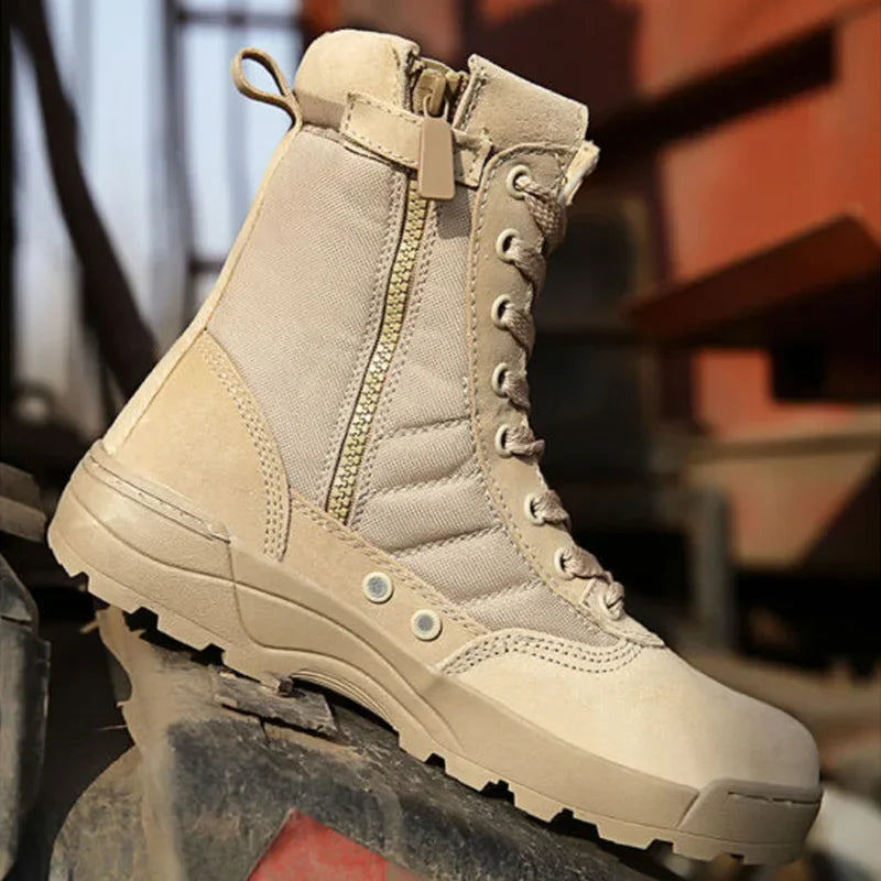 Tactical Men's Combat Boots – Ankle-Height Leather Work & Hiking Shoes with Side Zipper