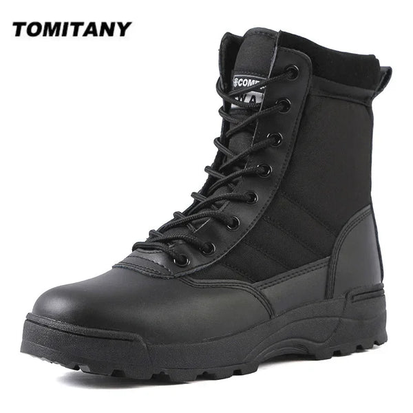 Tactical Men's Combat Boots – Ankle-Height Leather Work & Hiking Shoes with Side Zipper