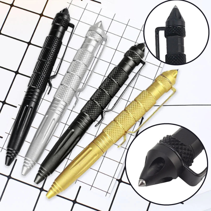 Set of tactical pens in black, silver, and gold on a grid background