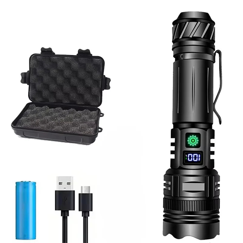 Black flashlight with digital display, battery, and charger on a white background