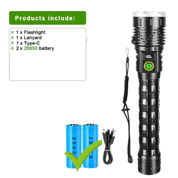 1000W LED Tactical Flashlight - 5000M Long Range, Rechargeable 10000mAh, Waterproof