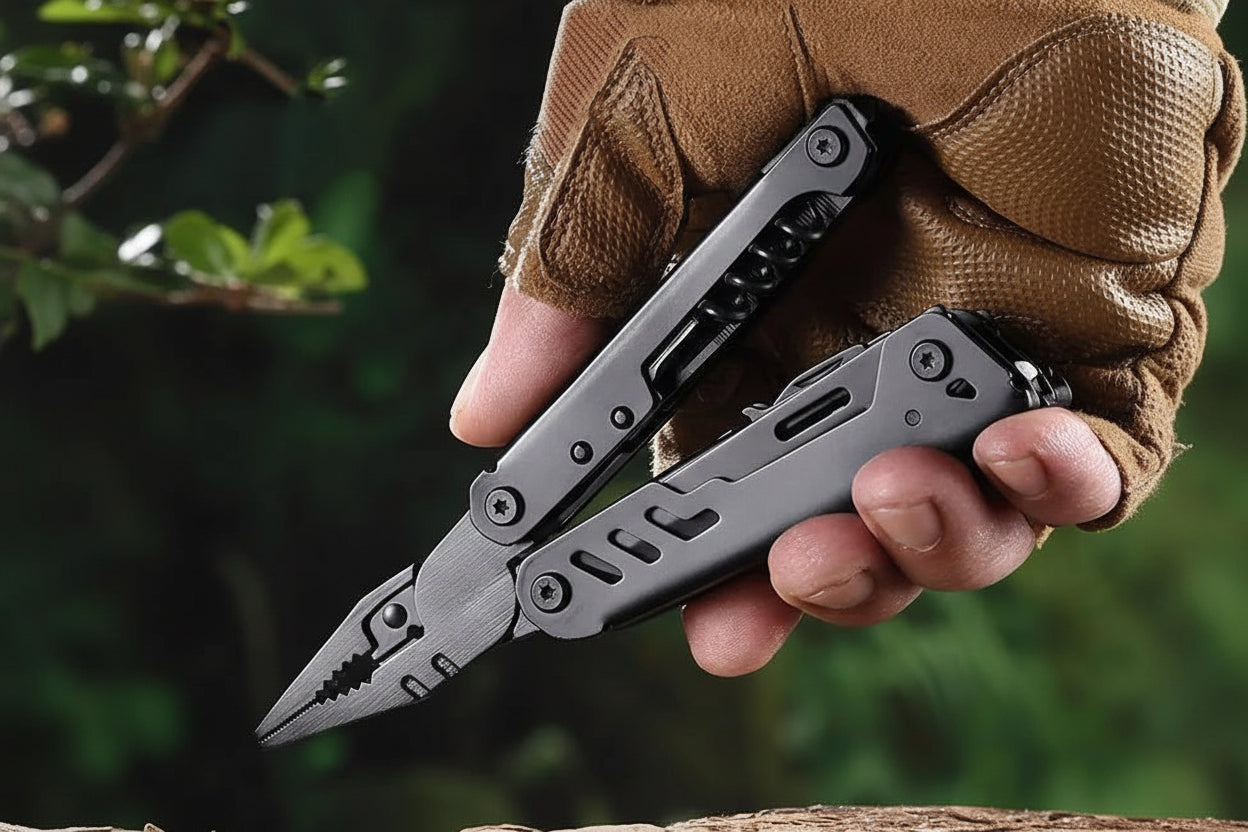 Multitool with enlarged and extended handle held by a person wearing a brown glove.