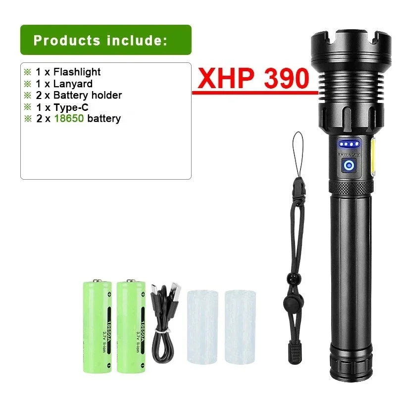 Black flashlight with XHP390, batteries, lanyard, and accessories on a white background