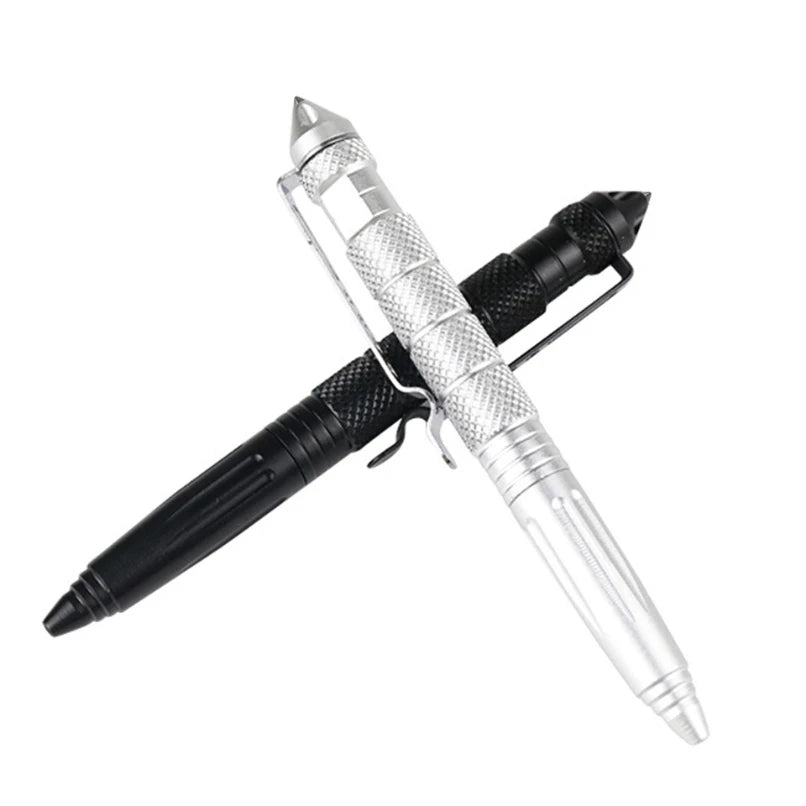 Two tactical pens, one silver and black, the other black and silver, on a white background.