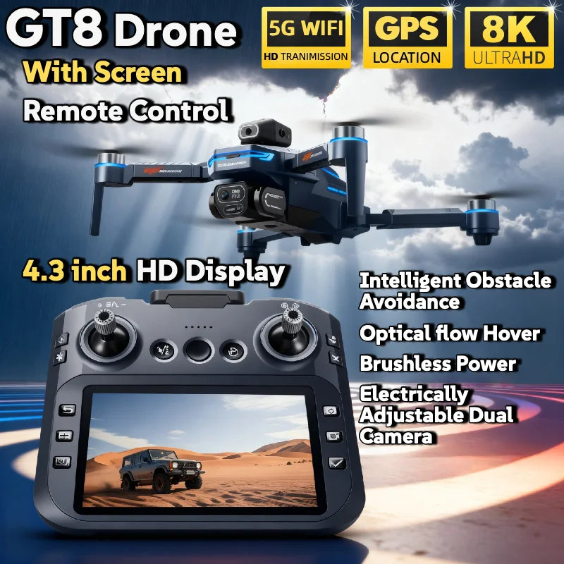 LS GT8 8K Brushless Drone with Dual Camera, Optical Flow & 4.3-Inch Screen Remote