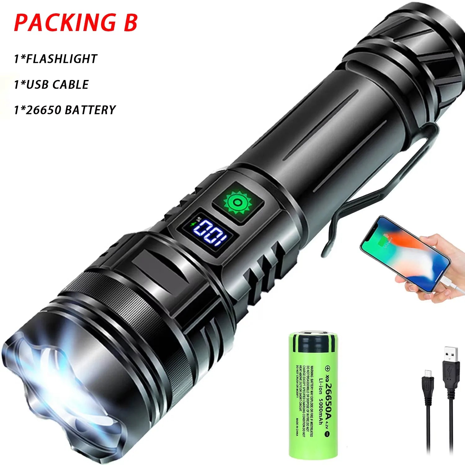 Tactical LED Flashlight USB-C Rechargeable | 500M Range Zoom Torch with Power Bank