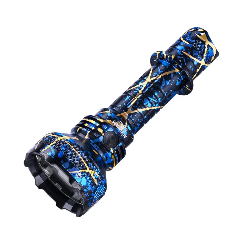 Blue and black flashlight with gold accents on a white background