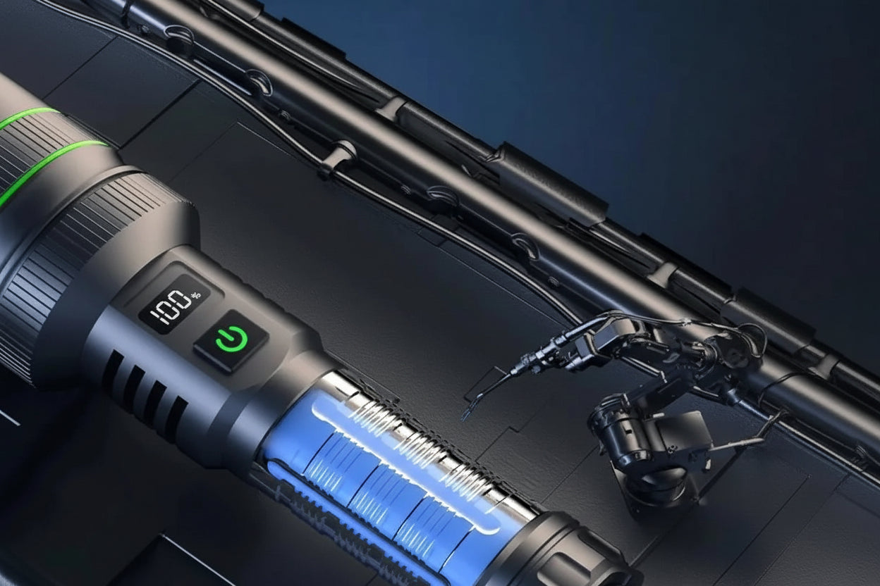 Flashlight with digital display and battery life indicator on a dark background