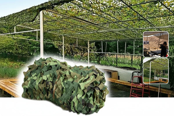Camouflage netting with dimensions displayed, used in greenhouses and outdoor settings.
