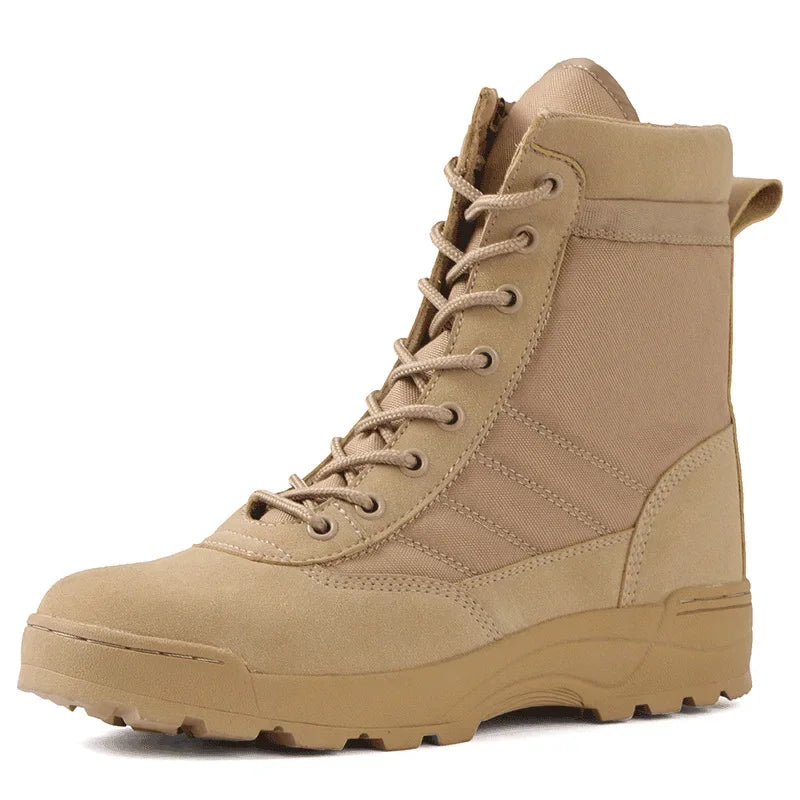 Tactical Men's Combat Boots – Ankle-Height Leather Work & Hiking Shoes with Side Zipper