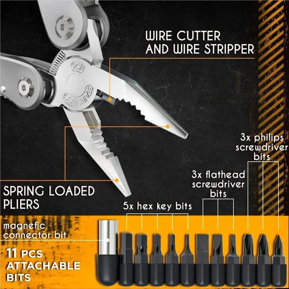 Multitool with wire cutter, pliers, and detachable bits on a black and orange background
